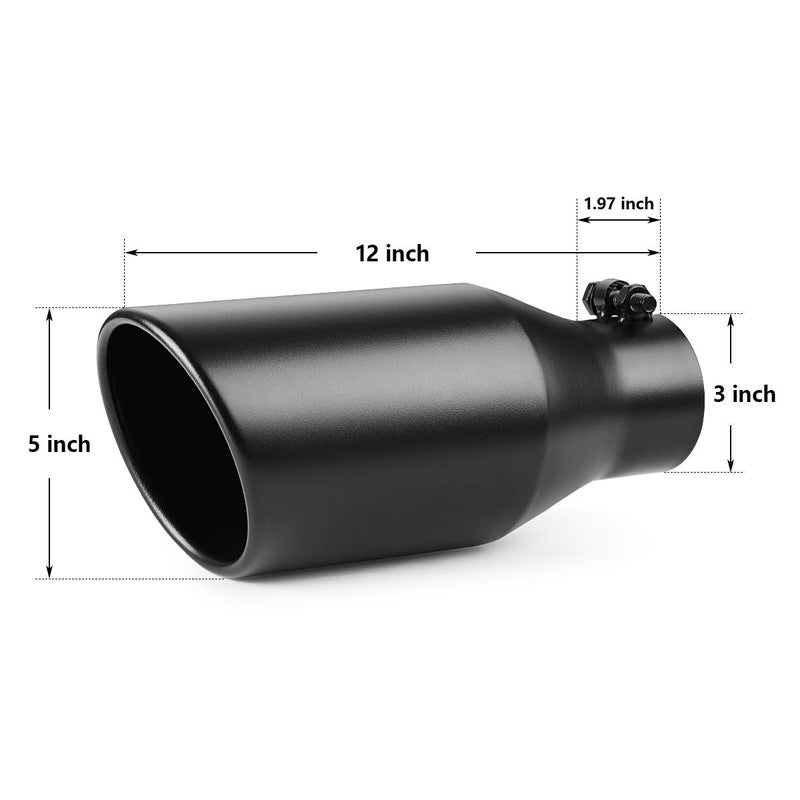 A-KARCK Exhaust Tip 3 Inch Inlet, 3" Inlet 5" Outlet 12" Long Black Coated Finish Muffler Tip for Truck Tailpipe, Stainless Steel Rolled Edge - Image 2
